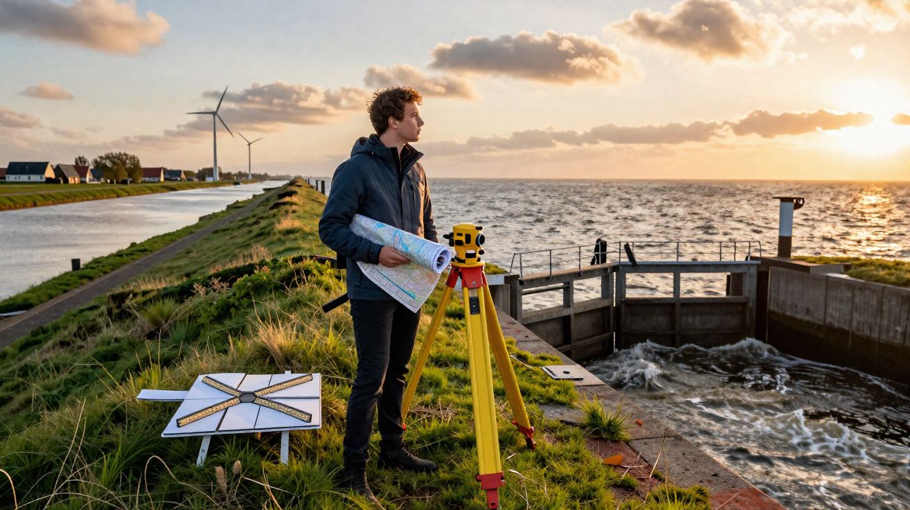 Homem com equipamento topográfico e mapa observa barragem junto ao mar ao pôr do sol com turbinas eólicas ao fundo.