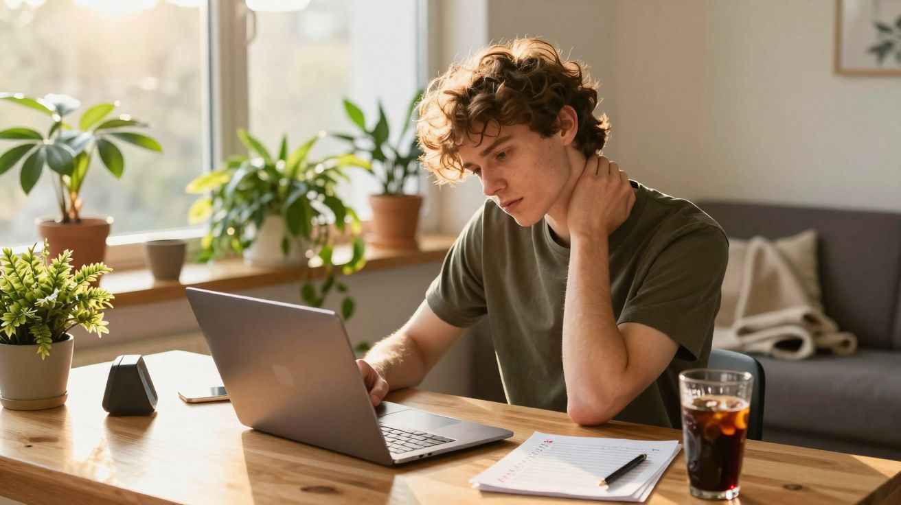 Jovem a trabalhar num portátil numa mesa com plantas, caderno e bebida, num ambiente iluminado pela luz natural.