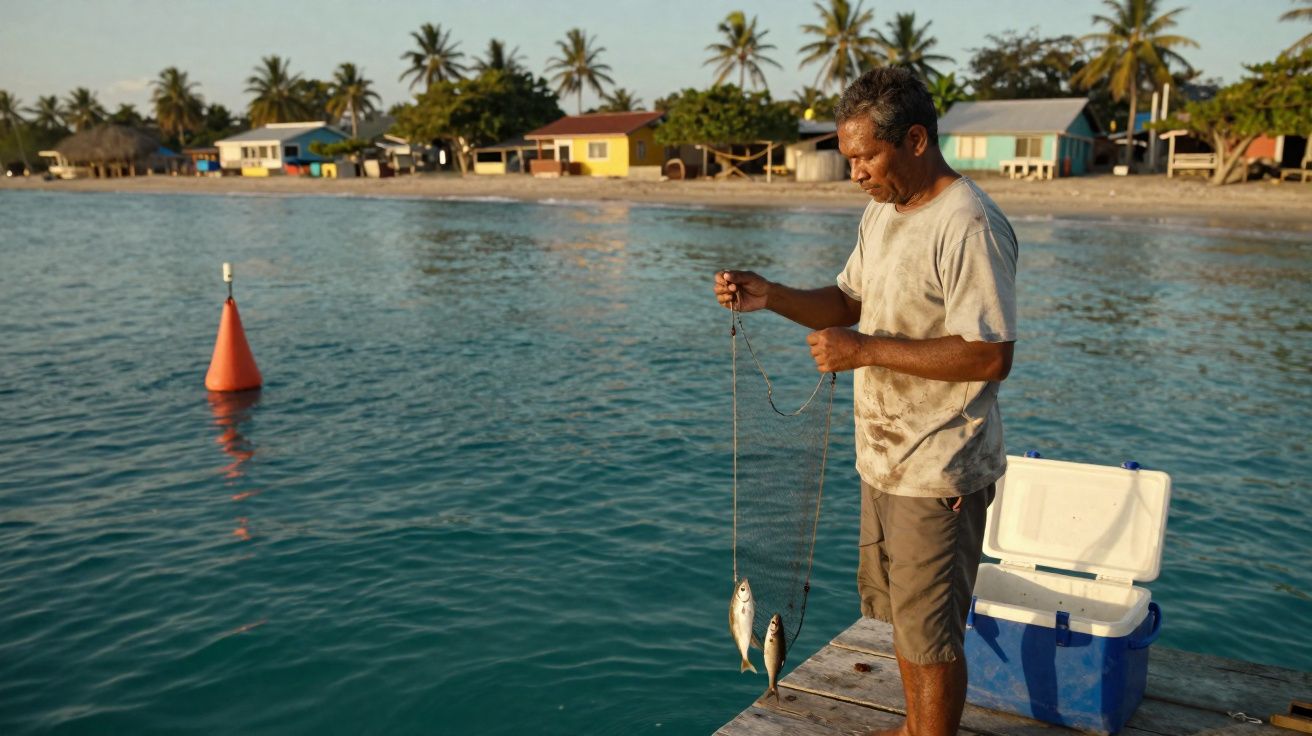 Homem a recolher peixe numa corda numa doca junto à água, com casas e palmeiras ao fundo.