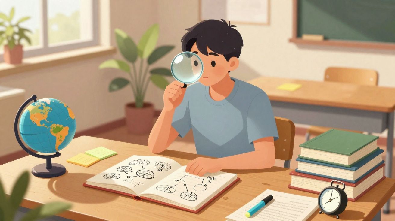 Rapaz numa sala de aula a observar com lupa um livro aberto com desenhos científicos na mesa.