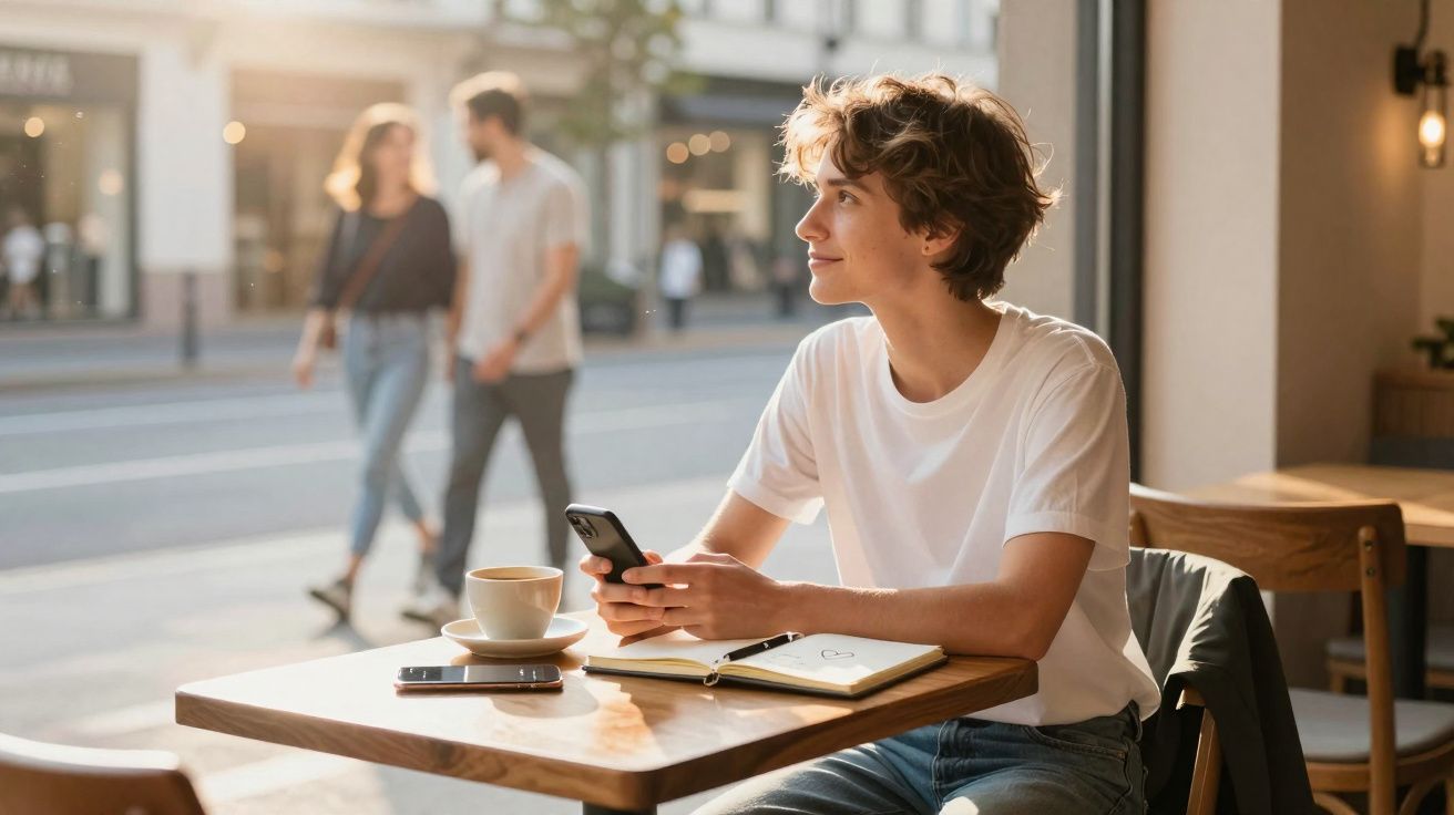 Pessoa sentada numa cafeteria com um telemóvel, caderno e chávena, olhando pela janela para a rua.