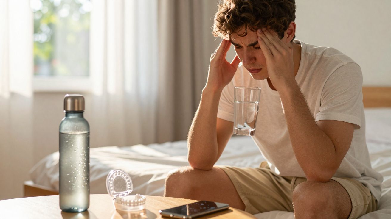Homem sentado na cama com olhos fechados, mãos na cabeça, segurando copo de água, e comprimidos na mesa.