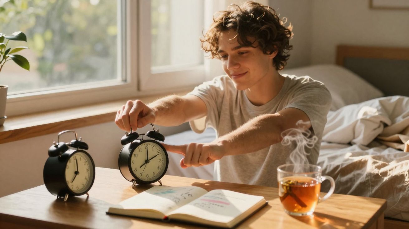 Jovem sentado numa mesa com dois despertadores, um livro aberto e uma chávena de chá com vapor.