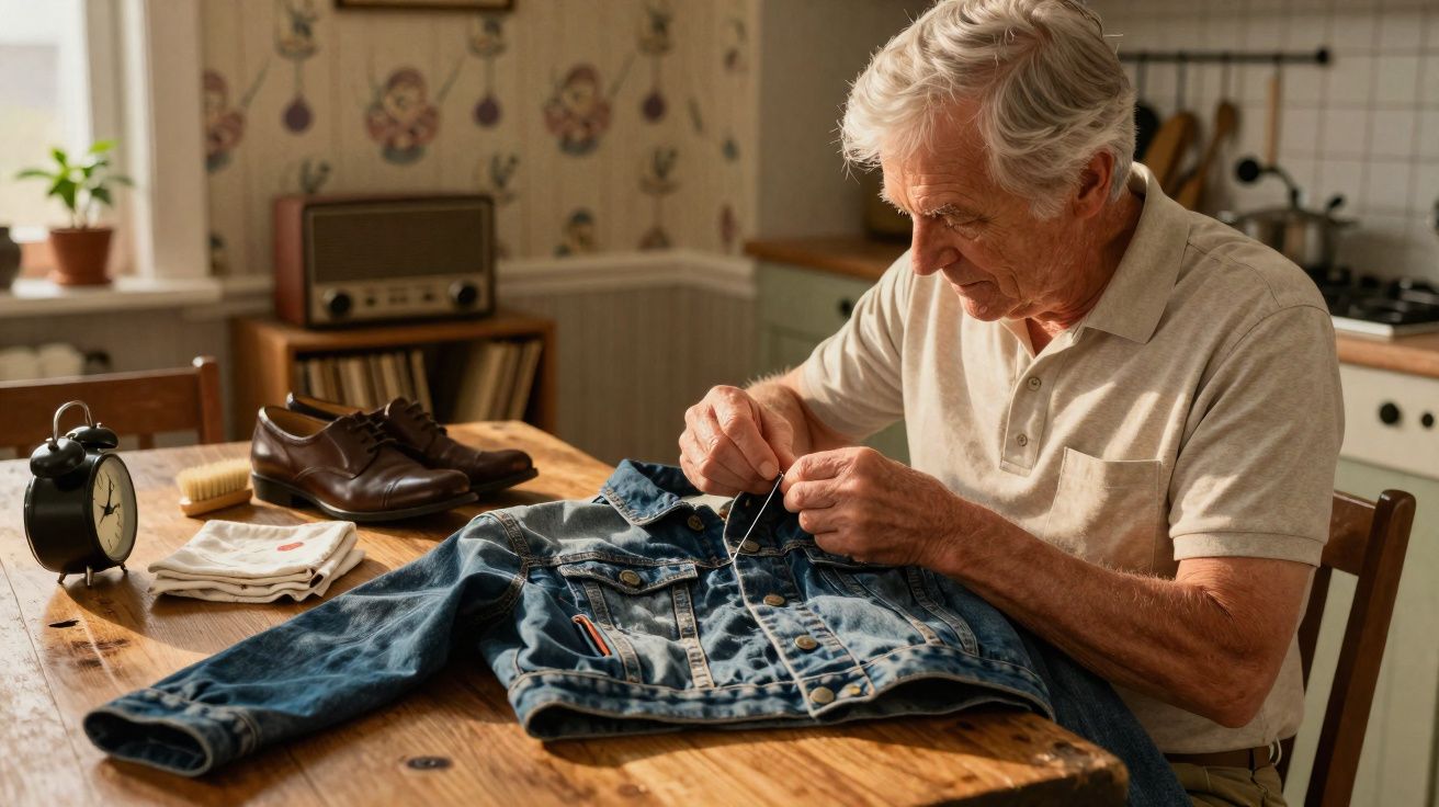 Idoso sentado à mesa a coser botão em casaco de ganga num ambiente doméstico acolhedor.