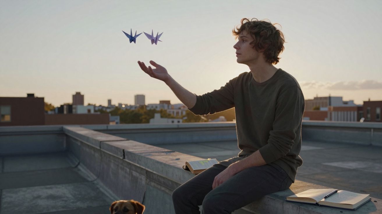 Jovem sentado num telhado ao pôr do sol, a lançar origamis de pássaros de papel, com cadernos abertos.