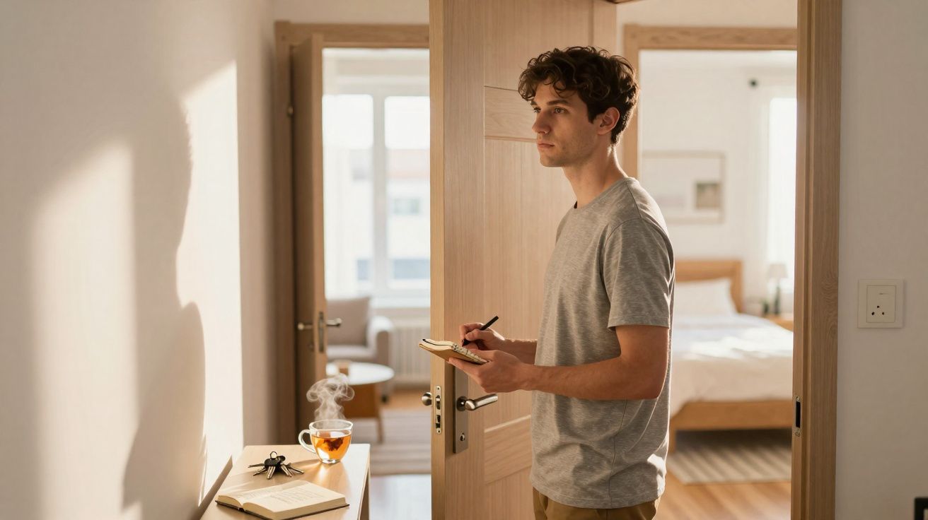 Homem de camisa cinza a escrever numa agenda em porta de quarto com chá fumegante sobre móvel.