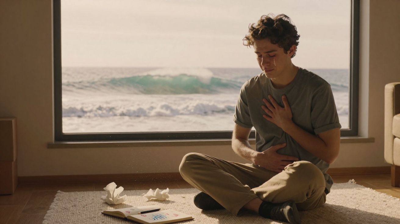 Jovem sentado no chão, a chorar, com ondas do mar ao fundo através da janela grande.