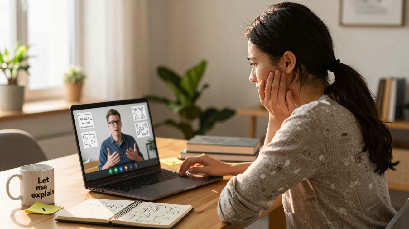 Mulher em videoconferência com um homem, com caderno aberto e caneca numa secretária iluminada pela janela.