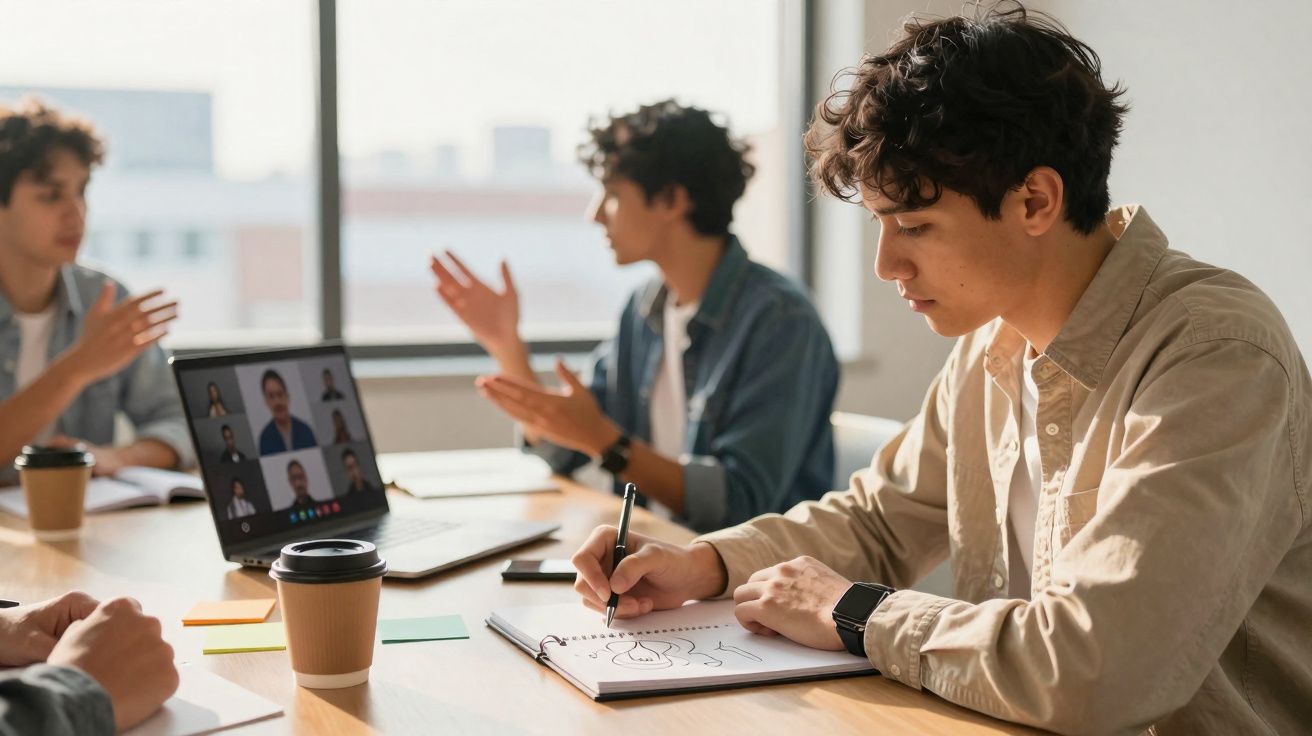 Jovens em reunião de trabalho com laptop e cadernos, um desenha enquanto os outros conversam.