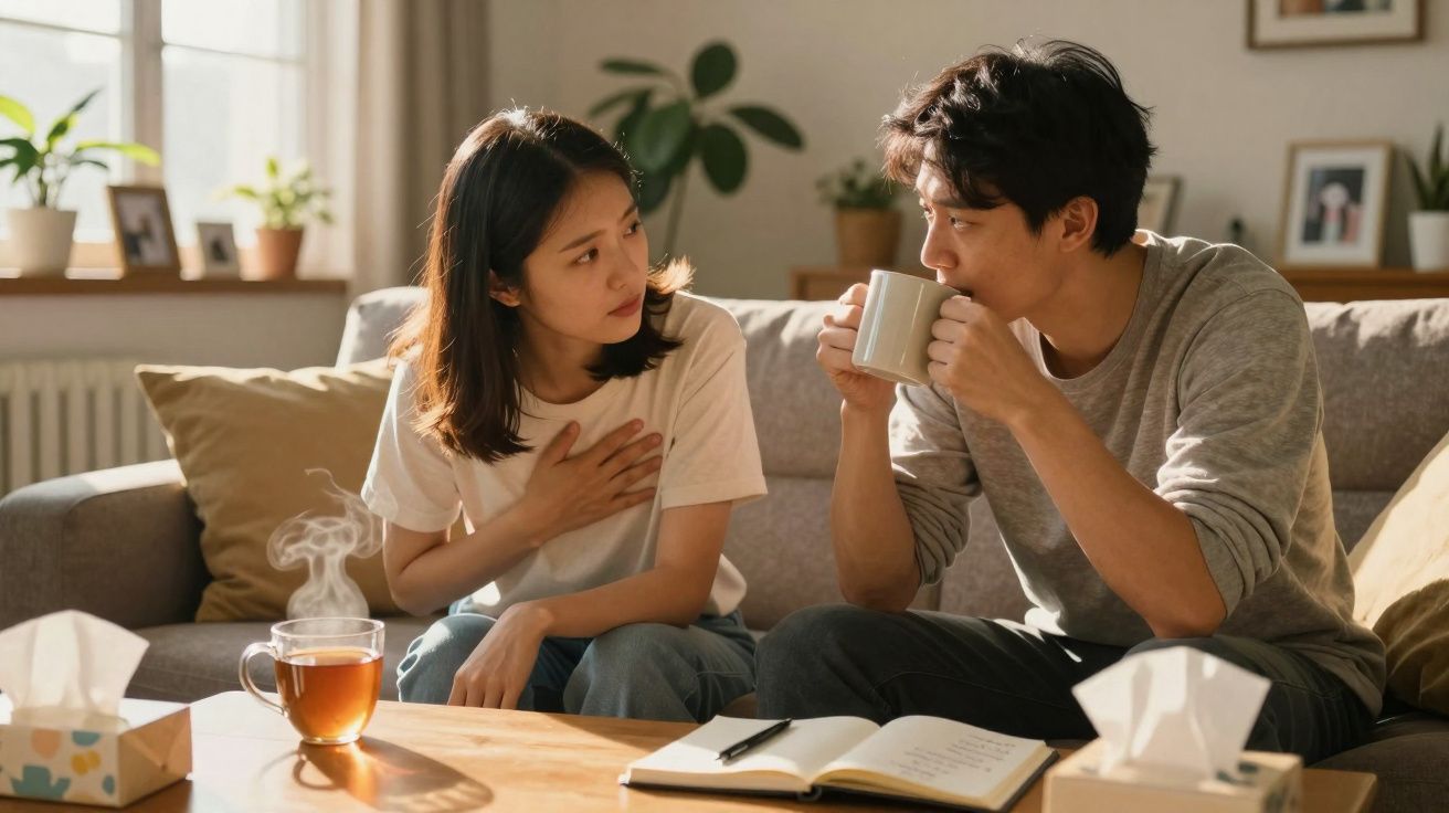 Casal sentado no sofá a conversar, com chá e lenços na mesa à frente numa sala iluminada.