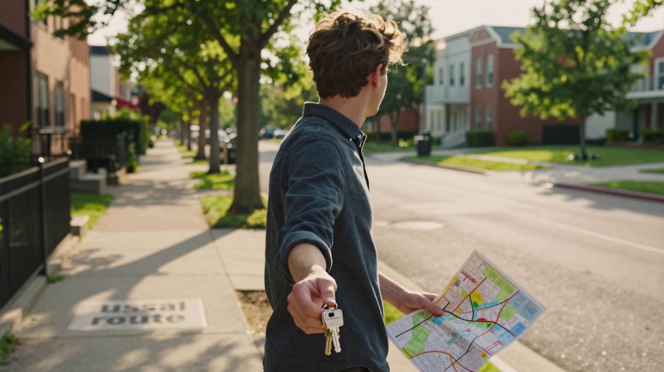 Jovem segurando um mapa e mostrando chaves numa rua residencial numa tarde ensolarada.