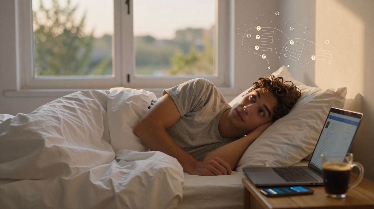 Jovem deitado na cama a pensar, ao lado estão um computador, um telemóvel e uma chávena de café.