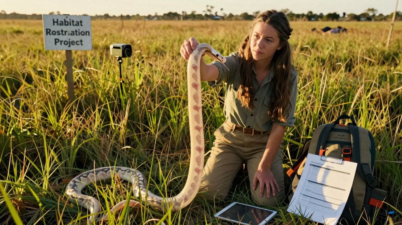 Mulher a segurar uma cobra num campo com equipamento de monitorização e sinais do Habitat Rostration Project.