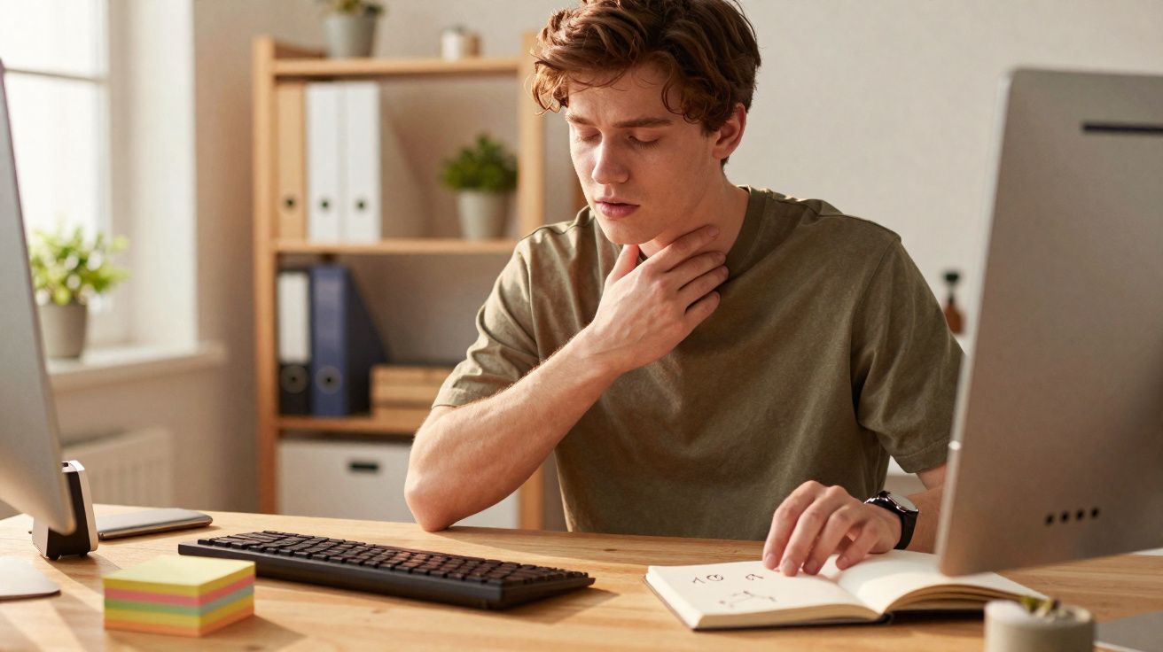 Homem sentado a trabalhar num escritório tocando o pescoço com expressão de desconforto.