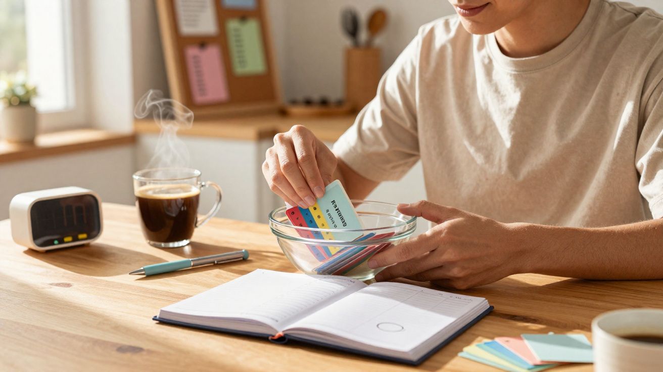 Pessoa a tirar um papel colorido de um recipiente de vidro numa mesa com caderno, caneta e café fumegante.