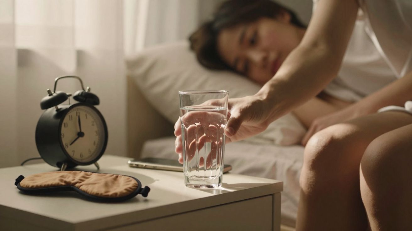 Pessoa acordada a pegar copo de água na mesa de cabeceira com despertador e máscara de dormir ao lado.