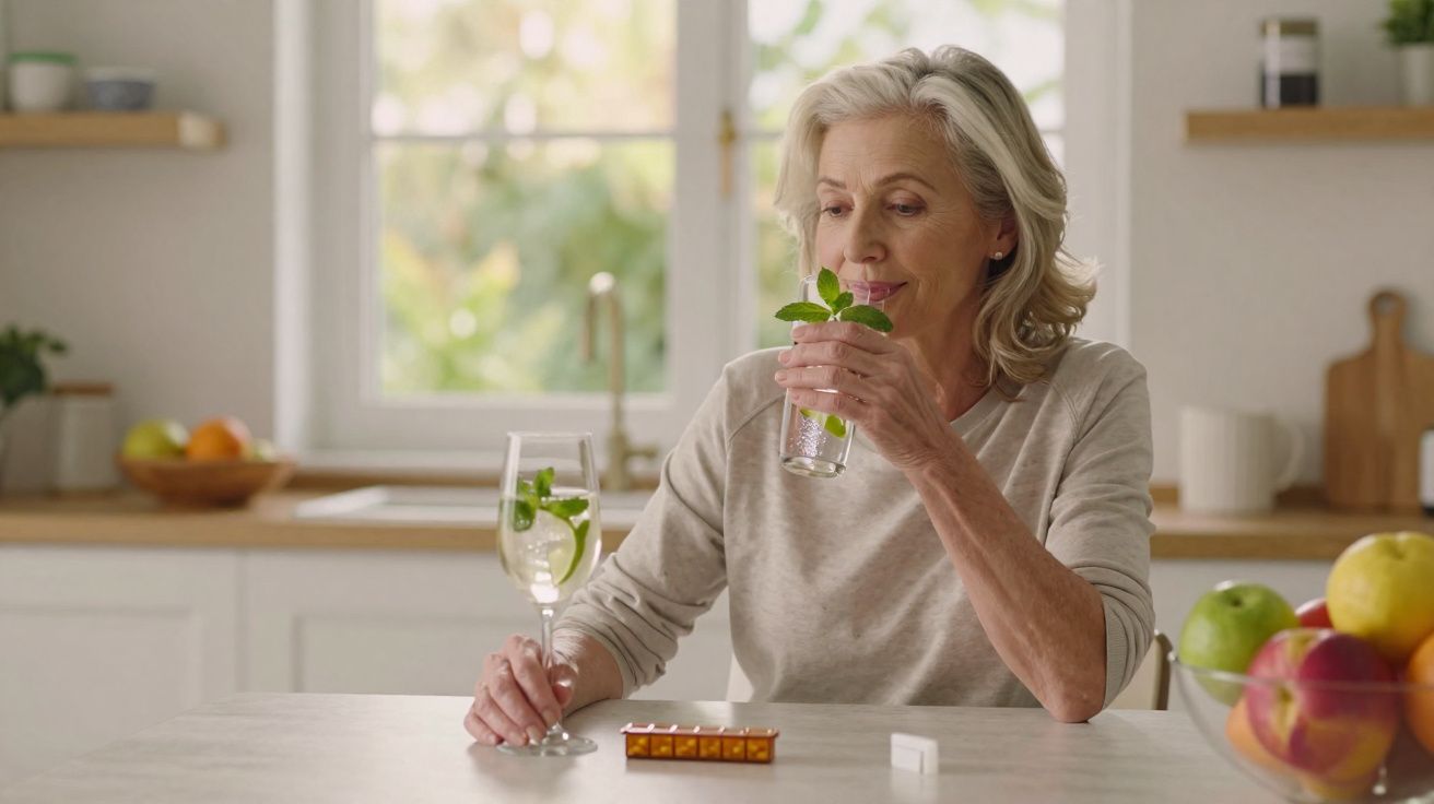 Mulher sénior a cheirar um copo de água com hortelã numa cozinha luminosa.