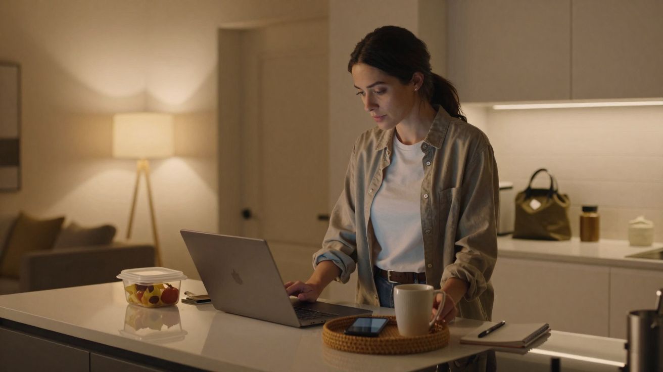 Mulher jovem a trabalhar num computador portátil numa cozinha moderna, com luz ambiente suave.