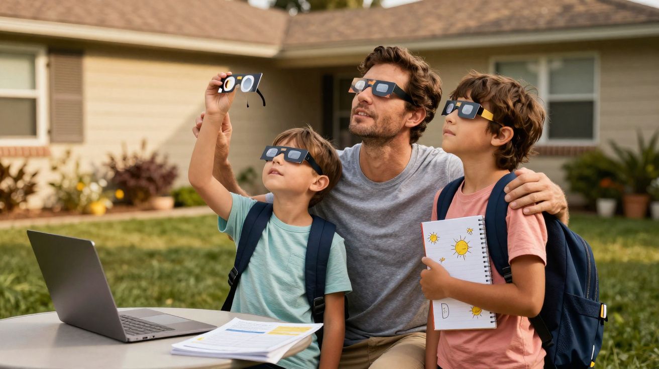 Pai e filhos com óculos solares observam eclipse solar no quintal, com computador e cadernos na mesa.