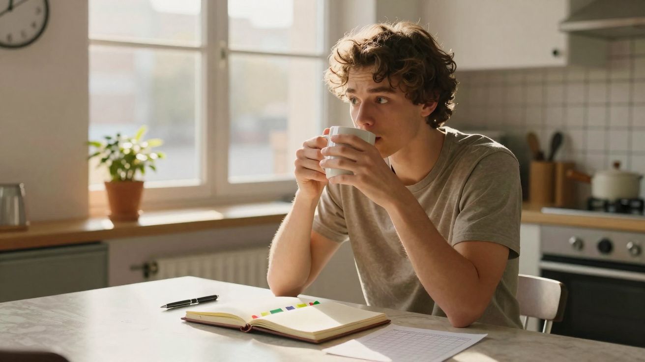 Jovem sentado à mesa de cozinha a beber numa caneca, com bloco de notas e caneta à frente.