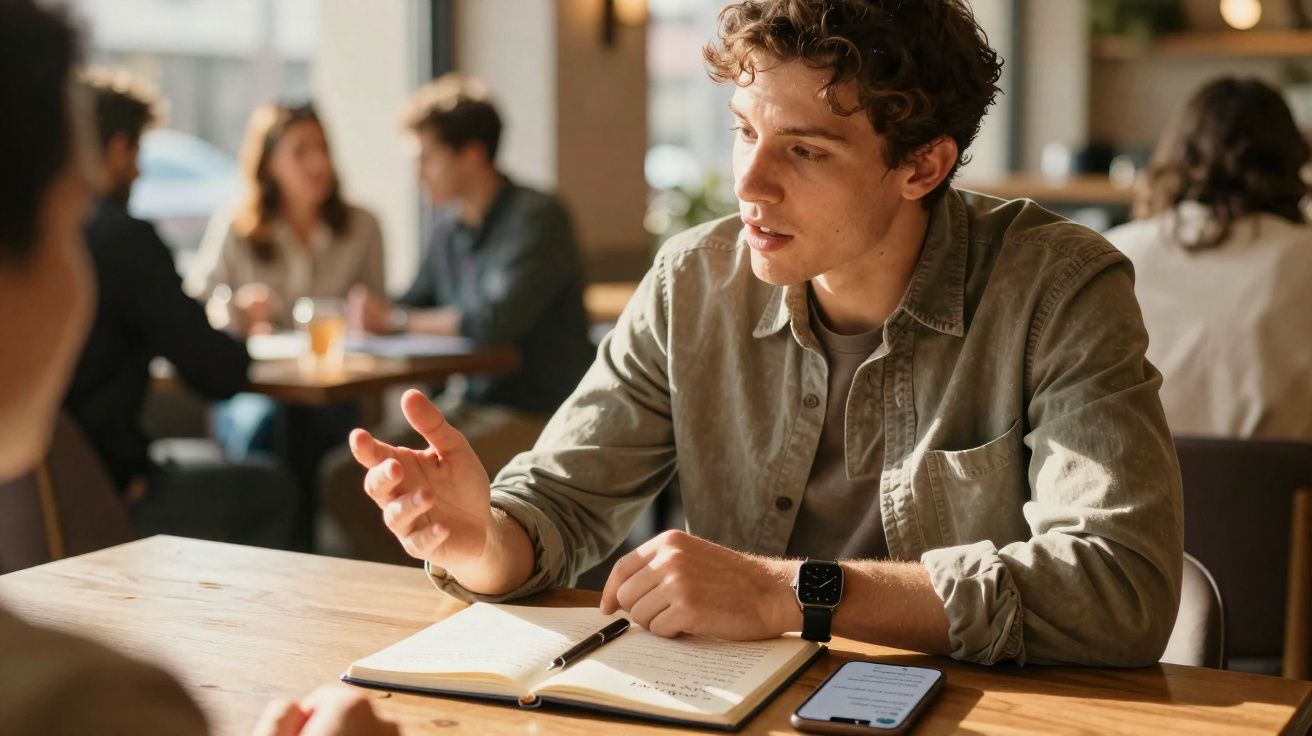 Jovem a conversar enquanto consulta caderno aberto e telemóvel numa mesa de café com outras pessoas ao fundo.