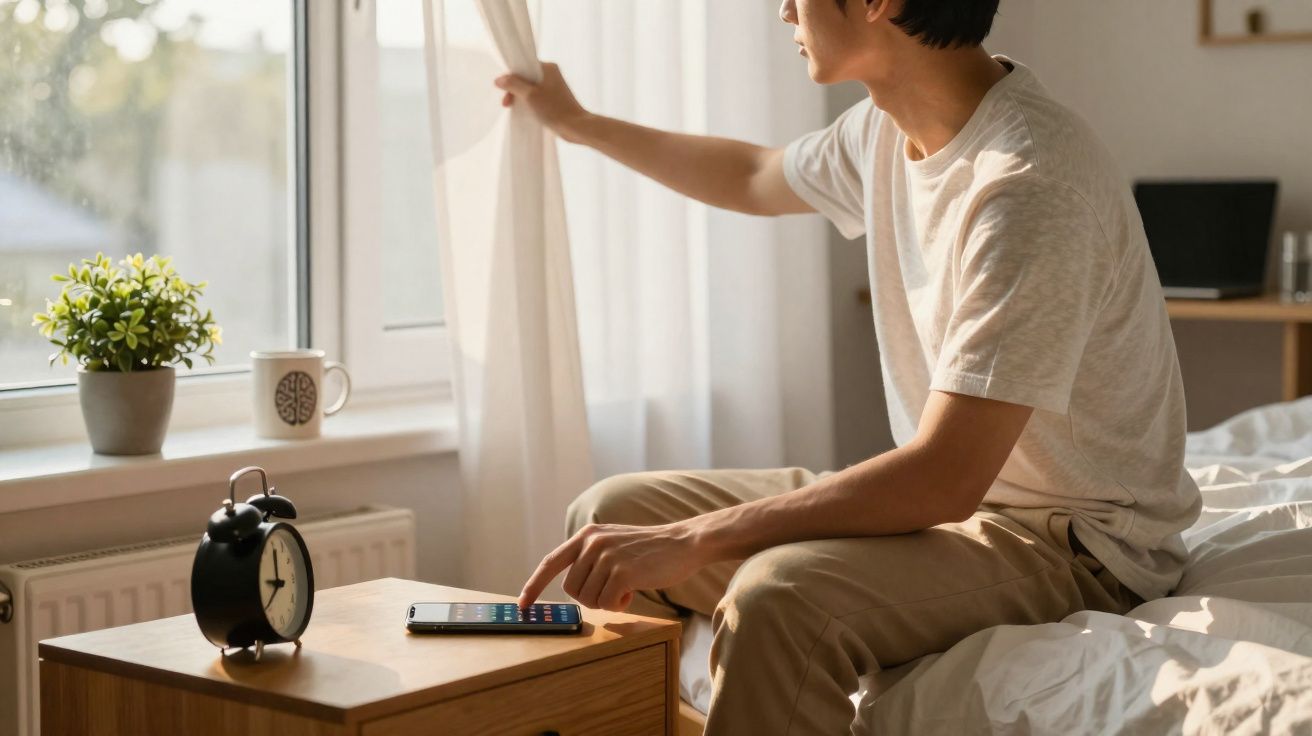 Homem sentado na cama a abrir cortinas e com celular na mesa de cabeceira junto a relógio e planta.