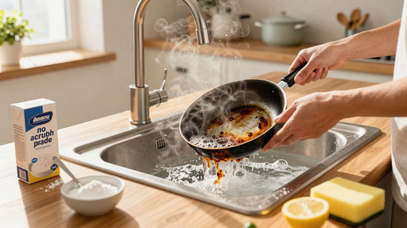 Pessoa a lavar uma frigideira que solta vapor numa cozinha iluminada, com detergente e limão na bancada.