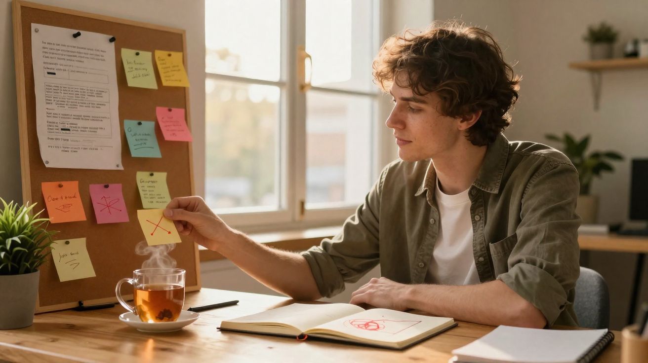 Jovem a colar nota amarela num quadro de cortiça com post-its coloridos, sentado numa mesa com chá e caderno aberto.