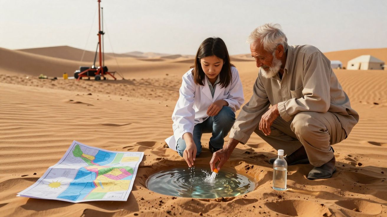 Rapaz e homem idoso investigam água num oásis no deserto com mapa estendido na areia ao lado.