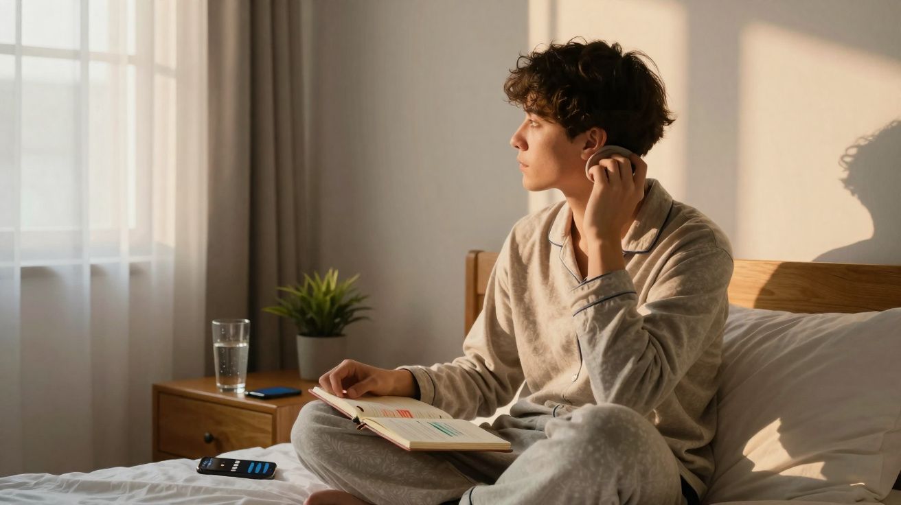 Jovem sentado na cama em pijama, segurando um livro e olhando pela janela ao amanhecer.
