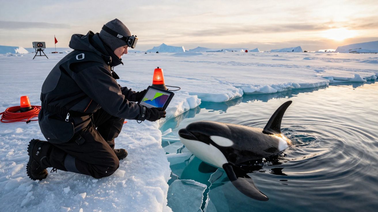 Investigador em roupa térmica observa uma orca junto a um bloco de gelo no oceano Ártico ao pôr do sol.
