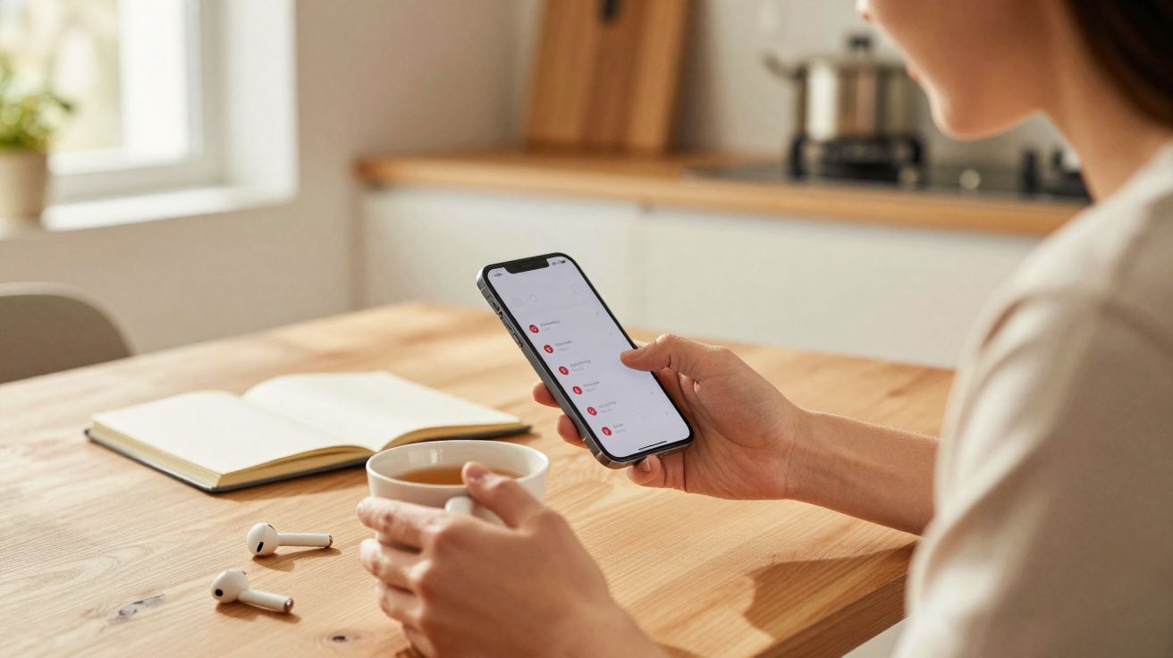 Pessoa sentada à mesa com telemóvel na mão e copo de chá, com auscultadores sem fios e caderno aberto na mesa.