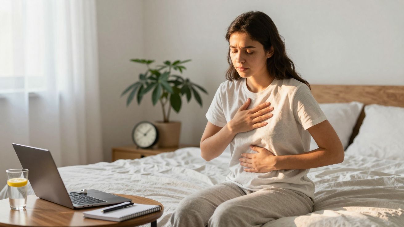 Mulher sentada na cama com expressão de dor, segurando o peito e o estômago, em quarto iluminado.
