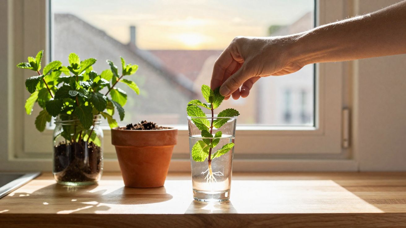 Planta a enraizar em copo de água junto a vaso com terra e planta em frasco de vidro numa janela iluminada.