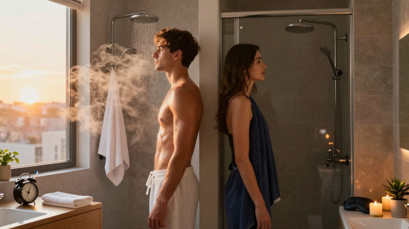 Homem e mulher de pé em chuveiros separados num banheiro moderno durante o nascer do sol.