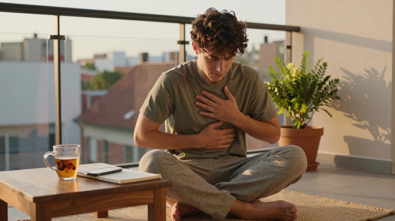 Jovem sentado no chão com expressão de desconforto, segurando o peito enquanto sofre de dor.
