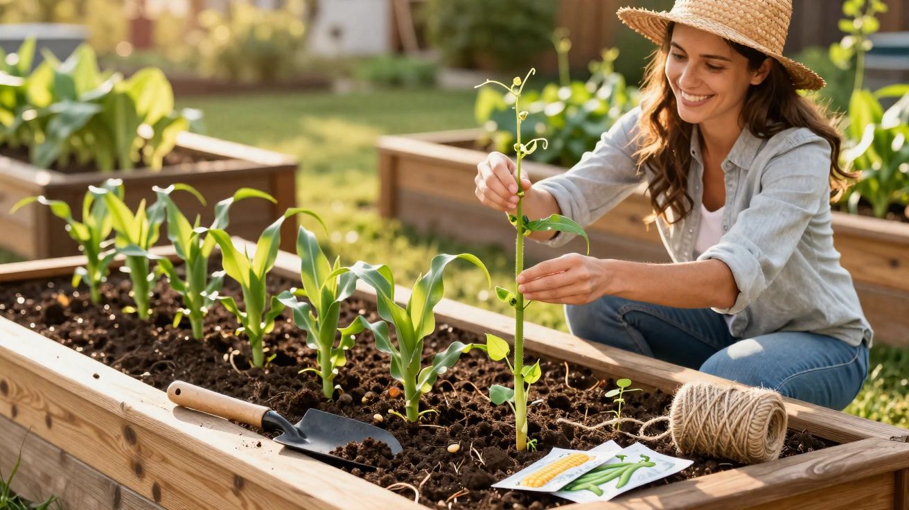 Mulher com chapéu a cuidar de plantas jovens numa horta elevada de madeira ao ar livre.