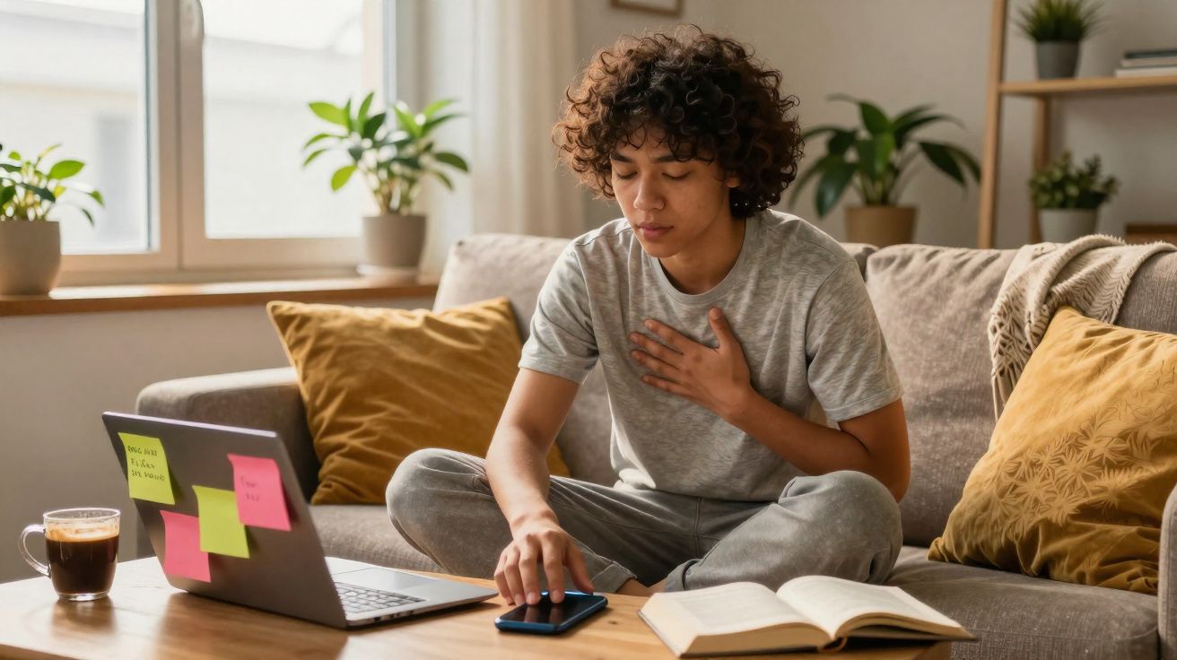 Pessoa sentada no sofá com expressão de desconforto, segurando o peito e usando telemóvel à frente.