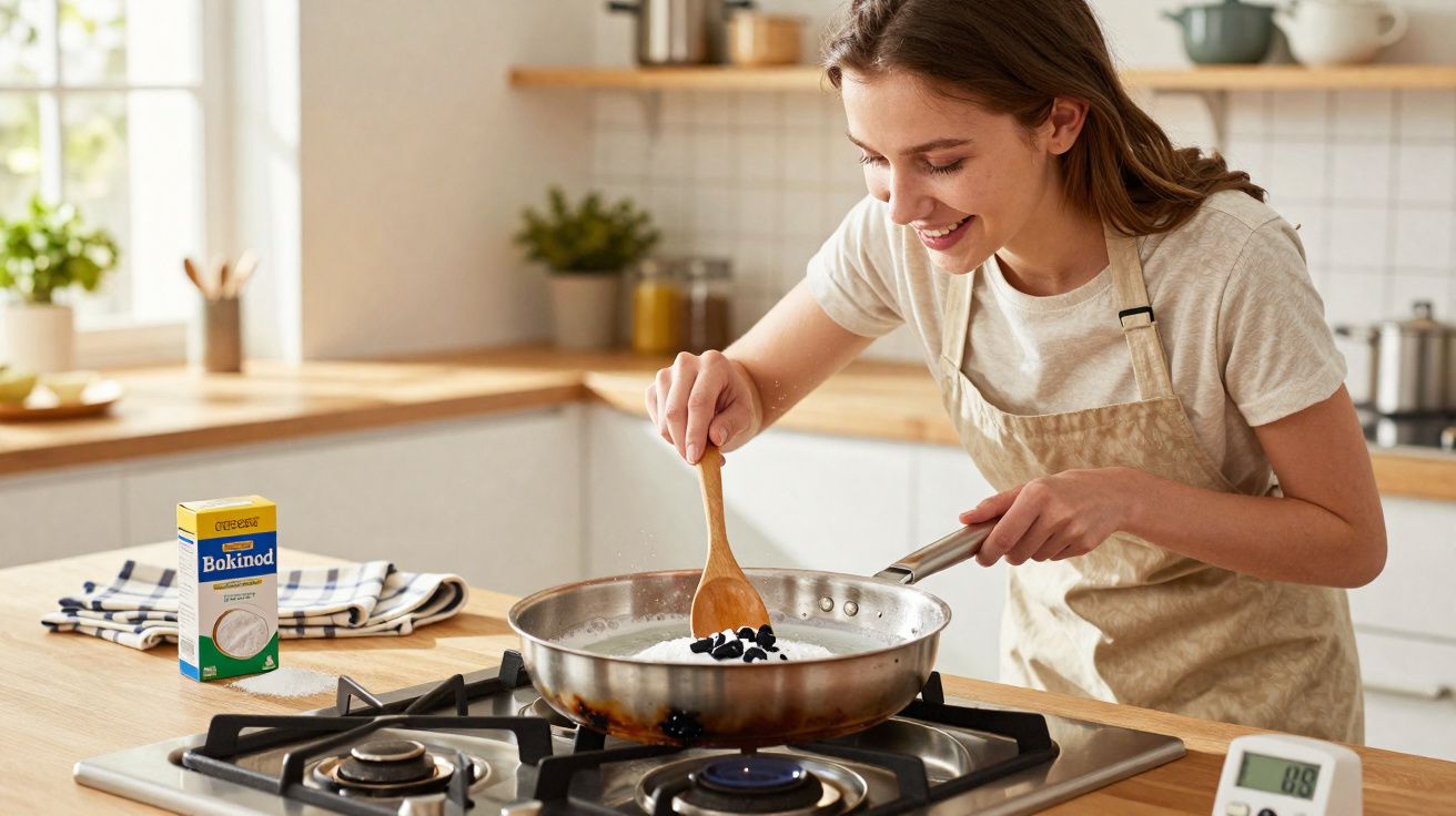 Mulher a cozinhar com Bicarbonato de Sódio Bokinod numa cozinha moderna, mexendo numa frigideira.