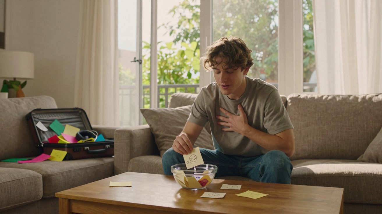 Jovem sentado no sofá lendo mensagens em notas coloridas, com mala aberta cheia de papéis ao lado.