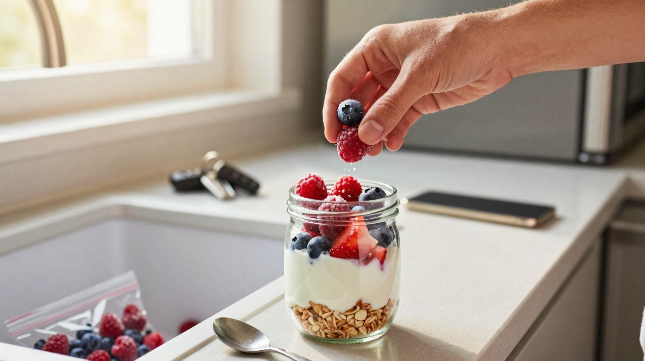 Mão a colocar frutos vermelhos num frasco com iogurte e granola numa cozinha iluminada.
