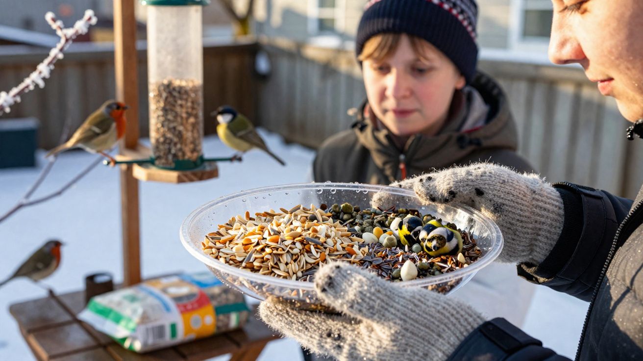 Pessoa com luvas a oferecer sementes a pássaros no inverno, criança a observar ao fundo.