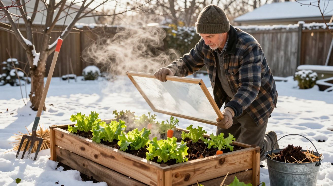 Homem a proteger plantas de uma estufa improvisada num jardim coberto de neve durante o inverno.