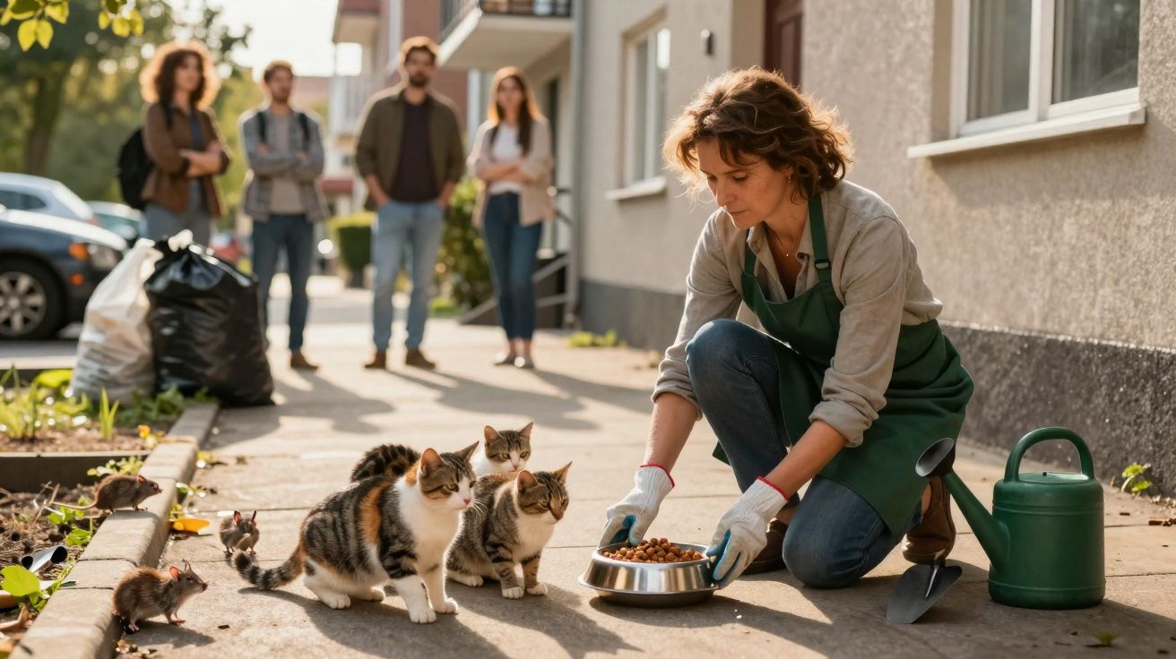 Mulher a alimentar gatos na rua com pessoas ao fundo e ratos a circular perto dela.