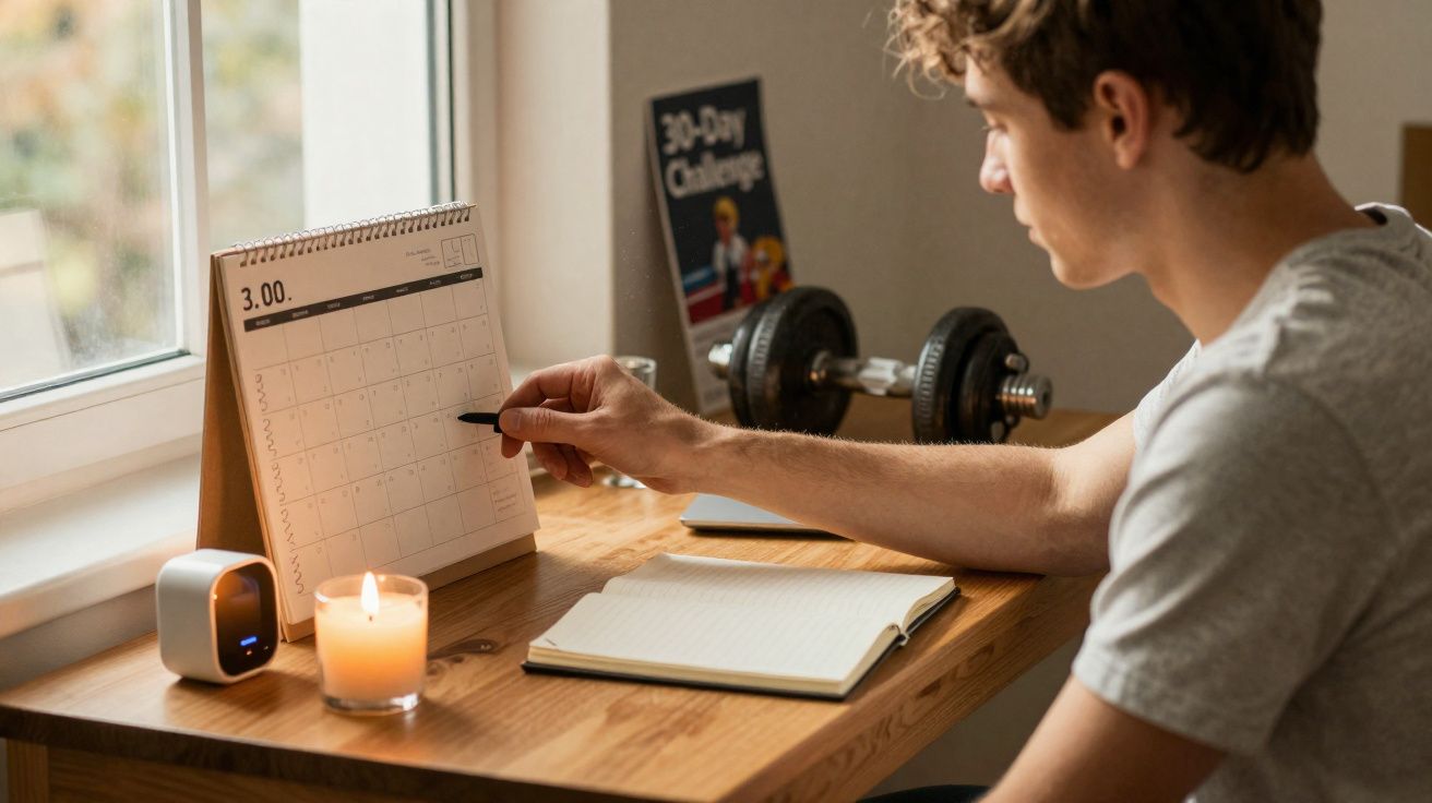 Jovem sentado à mesa, marcando datas num calendário, com caderno aberto, vela acesa e halteres ao fundo.