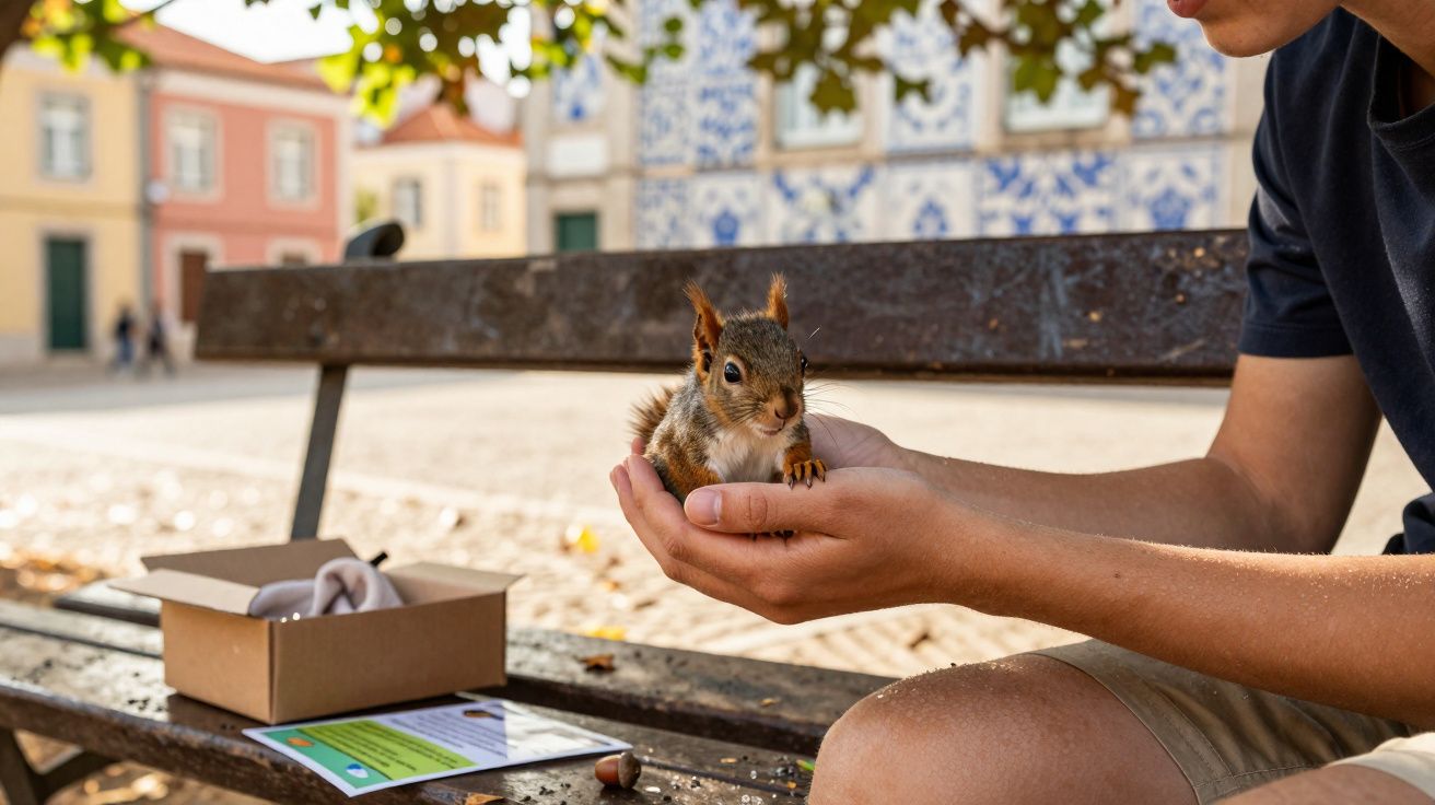 Pessoa sentada segura um esquilo jovem na mão numa zona urbana com banco de madeira e caixa aberta.