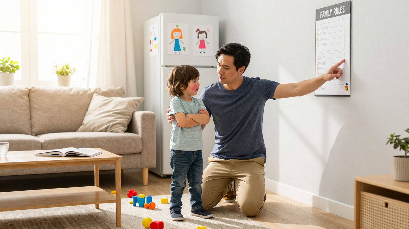 Pai ajoelhado a apontar regras familiares na parede enquanto conversa com filho pequeno numa sala iluminada.