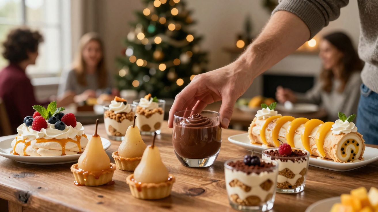Mesa com sobremesas variadas e uma mão a pegar um copo com mousse de chocolate, com árvore de Natal desfocada ao fundo.