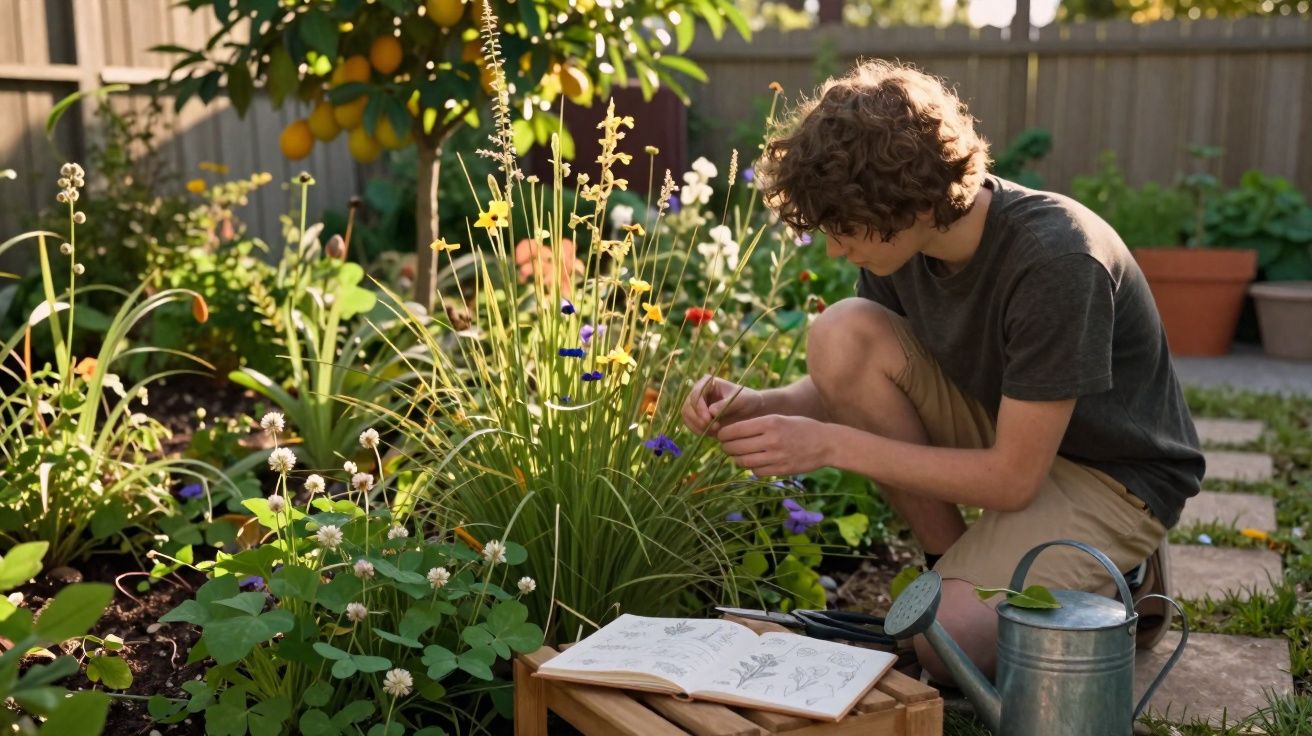 Jovem a cuidar de plantas num jardim, com livro de botânica e regador ao lado.