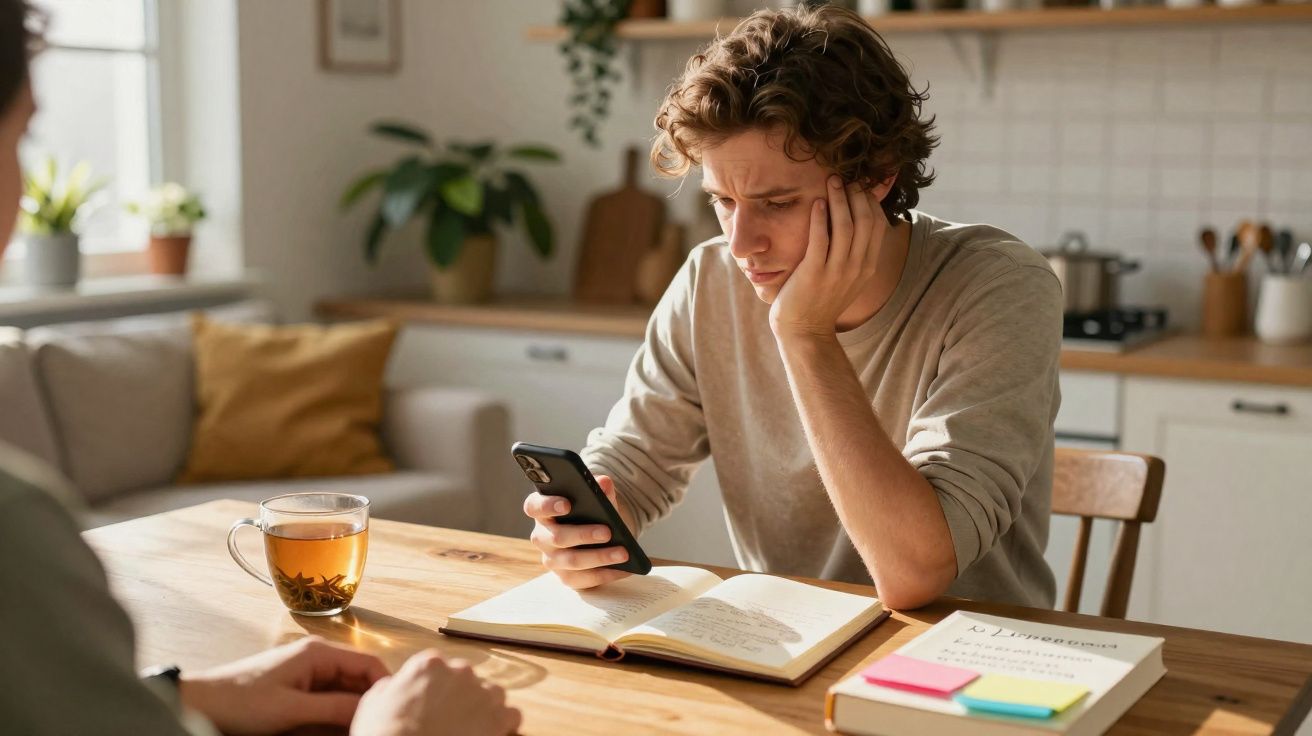 Jovem sentado à mesa com livro aberto, a olhar para o telemóvel, ambiente doméstico iluminado naturalmente.
